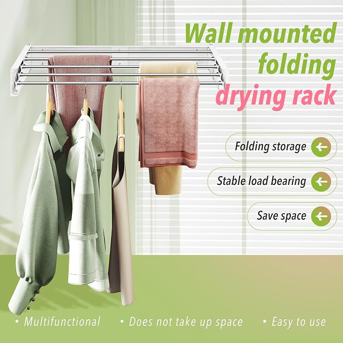 ZdwCyl Wall Mounted Drying Rack,32 inches,Foldbale, Clothes Drying Rack,Laundry Drying Rack Wall Mount,Drying Rack Clothing Space Saver,Retractable,Collapsible,Folding Laundry Rack,White
