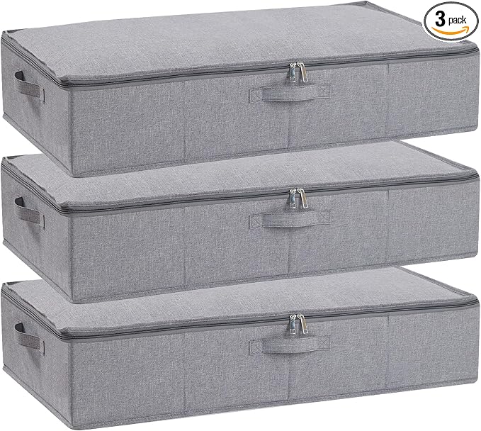 Under Bed Storage Container,Grey,31.5x15.7x5.9 Inch,3 Pack | Underbed Storage Organizers, Foldable Clothes Container,Clothes Bins with Lid and Handles for Blanket,Pillows,Shoes