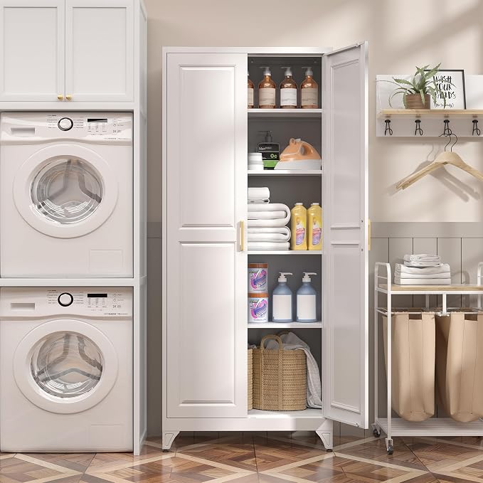 SteeLoong 75”Metal Pantry Storage Cabinet with Doors & 4 Adjustable Shelves | Kitchen Pantry Cabinet,White Kitchen Cabinet with 2 Gold Handles,Tall Cabinet for Livingroom,Pantry, Bathroom,Kitchen,Garage