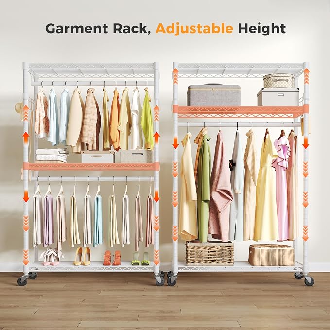 NEWBULIG Heavy Duty Clothing Rack with Wheels, 3-Tier Adjustable Wire Garment Rack, Metal Freestanding Closet Organizer System with Double Hanging Rods & 8 Side Hooks, 47"x17"x80", White