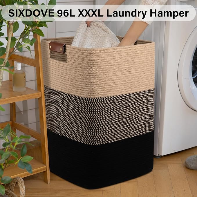 Laundry Hamper 96L Extra Large Laundry Basket, Woven Blanket Basket | Cotton Woven Storage Hamper with Handles for Living Room, Large Baskets for Pillows, Blankets, Clothes-Black & Yellow