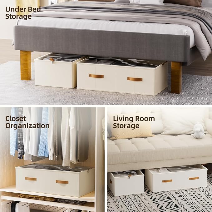 FHSQX 4 Pack Under Bed Storage Bins- 10 Inch Tall Underbed Clothes Storage Containers with Clear Window for Closet, Bed Sheets and Blankets (Beige, 31.5x15.8x10 inch)