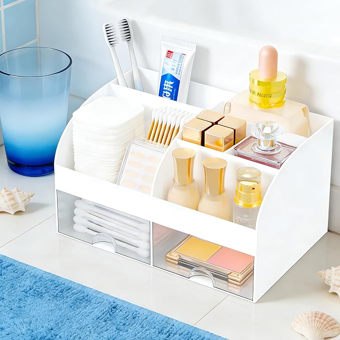Makeup Organizer with 2 Drawers, Cosmetic Storage for Dresser Vanity and Bathroom Countertop,Make up organization and Skincare Storage with Beauty Brush Holder, Cosmetic Display Case (White)