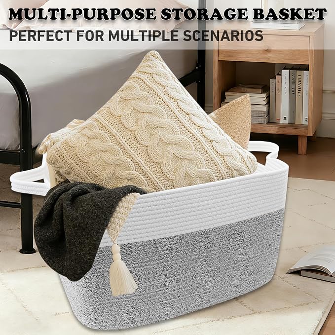 96L Laundry Basket with Handles, Extra Blanket Basket, White/Grey | 24"×16"×15" Collapsible Cotton Rope Storage Basket for Toys Clothes & Pillows, Nursery, Bathroom, Bedroom, Living Room