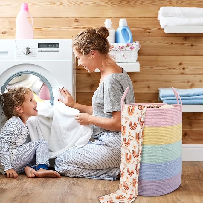 XUANGUO Rope Laundry Basket Hamper for Kids Girl Large, rainbow | Woven Storage Basket for Living Room Bedroom Boho Tall Baskets for Blanket Toys Pillow Towels Baby Nursery Hamper Bin