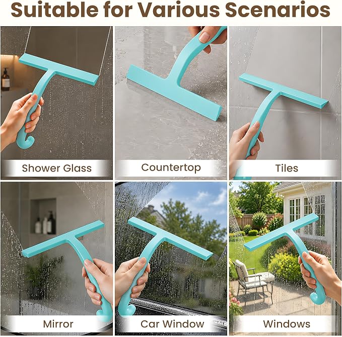 Shower Squeegee for Glass Doors - 10 Inch Bathroom Squeegee with Ergonomic Round Grip, Built-in Hook, Streak-Free No-Squeak Silicone Blade for Shower Glass, Tile Walls, Mirrors & Windows, Mint Green