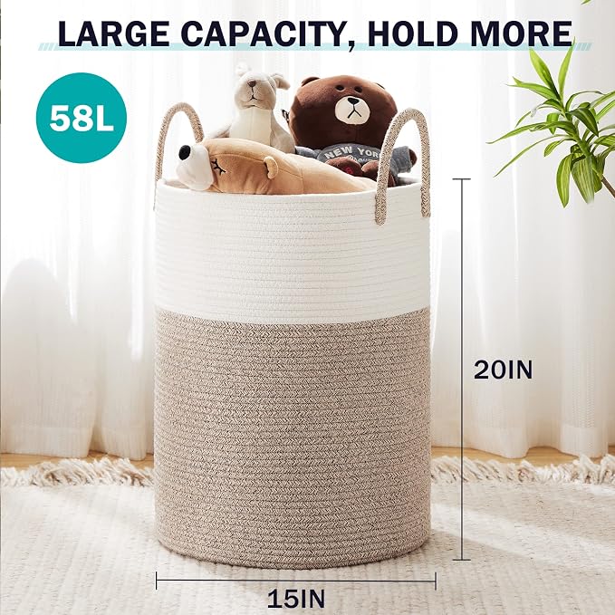 YOUDENOVA Woven Rope Laundry Hamper Basket, 58L Tall Laundry Basket, Baby Nursery Hamper for Blanket Storage in Bedroom-Large-Brown | Large Woven Laundry Hamper with Sturdy Handles, Collapsible Home Decor Laundry Basket for Laundry, Clothes, Toys in Be...