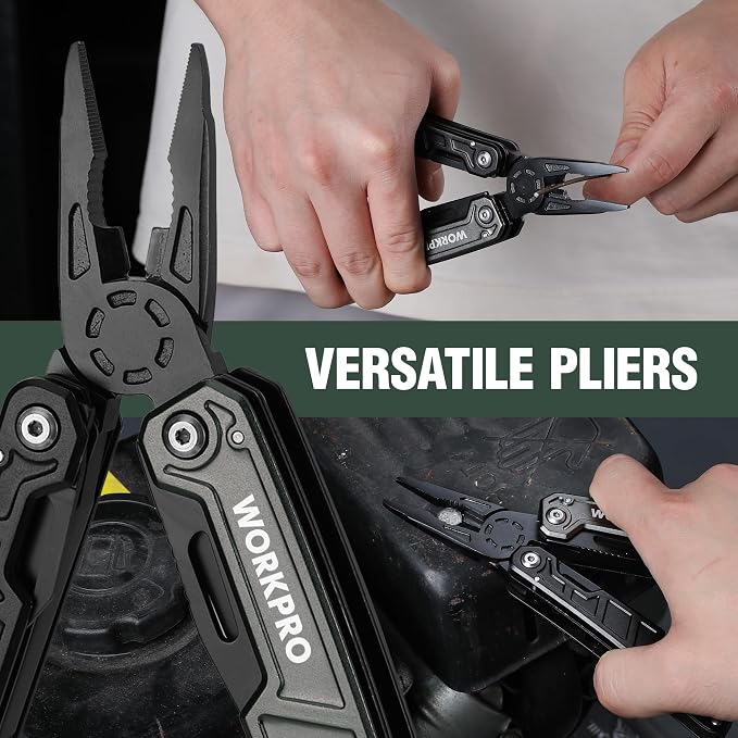 WORKPRO 11 in 1 Multitool Pliers with Pocket Clip and Sheath | EDC Multi Tool Knives with Safety Lock-Camping Tools Pocket Knife with Screwdriver Saw Blade Wire Cutter and Bottle Opener