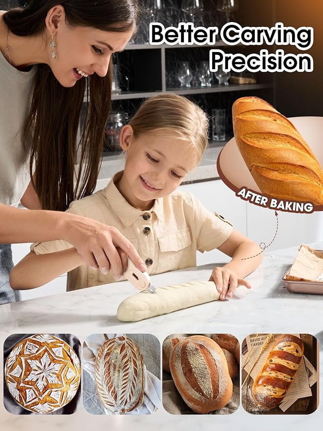 Bread Lame Dough Scoring Tool with Extractable & Magnetic - Bread Knife Sourdough Scoring Tool - Sourdough Bread Baking Supplies - Scoring Patterns Booklet Includes 5 Bread Razor Blades (Cream)
