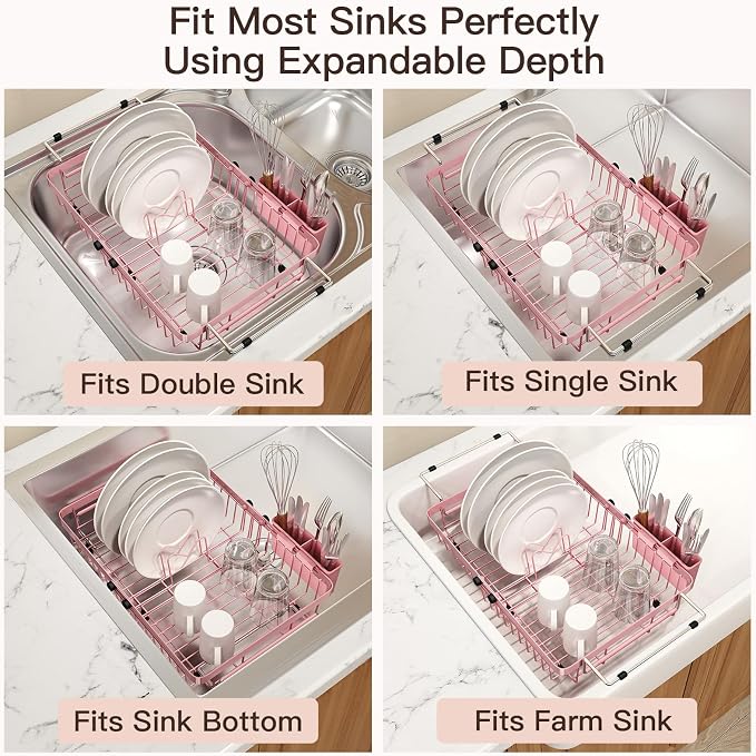 MAJALiS Pink Dish Drying Rack Over The Sink with Utensil Holder | Expandable Stainless Steel Dish Drainer for Small Kitchen, Apartment, RV, Counter Space Saving, Perfect Fit, Rustproof