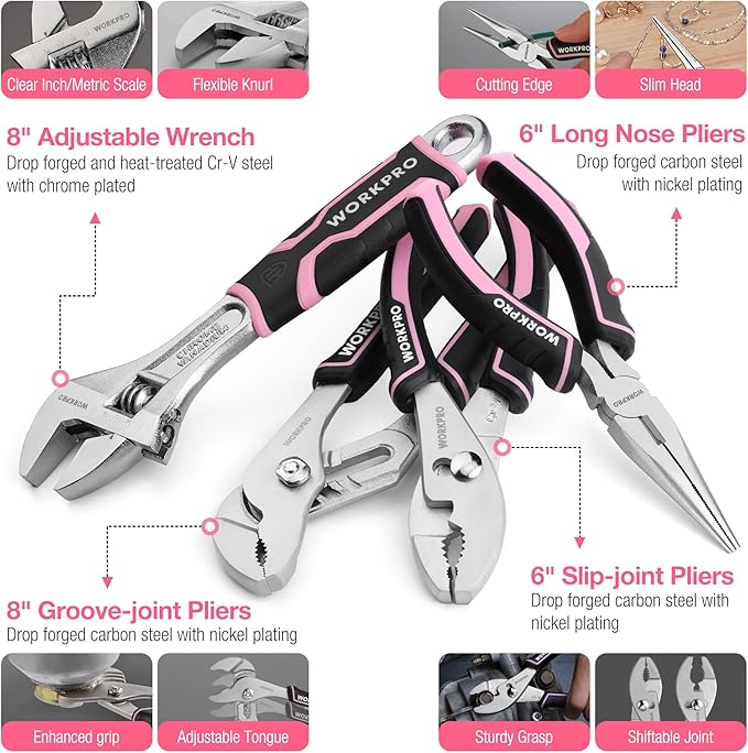 WORKPRO 277PCS Pink Tool Set, Portable Home Repairing Tool Kit for Women | with 13" Wide Mouth Open Storage Tool Bag, Home Tool Box Including Hammer, Screwdrivers, Pliers, Wrench and Household Tools