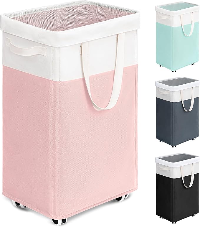 Goodpick Laundry Basket with Wheels, 75L Tall Clothes Hamper, Large Laundry Basket with Removable Wash Bag for Corner Dorm, Rolling Hamper, Pink&White | Laundry Hamper with Wheels, Collapsible Laundry Basket, Rolling Laundry Hamper with Handle for Coll...