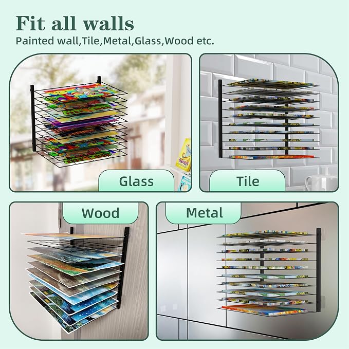 Art Drying Rack for Classroom - No Drill Wall & Fit All Walls Paint Storage System, 10 Removable Shelves 1.57" Apart for Art Studios, Schools