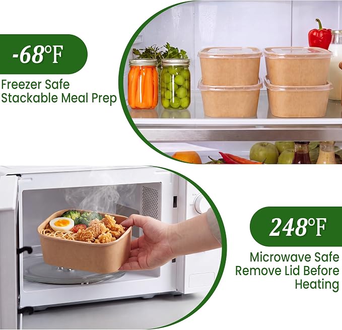 50 Pack 29oz Disposable Meal Prep Containers with Lids and Forks, Microwave and Freezer Safe Kraft Paper Bowls for Salad Noodles, Take Out Containers for Hot/Cold Food