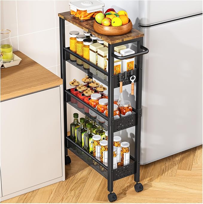 Vivihomety 4-Tier Slim Utility Rolling Laundry Cart with Wheels, Metal | Narrow 7.1" wide, Lockable wheels, wood top panel, metal frame, with handle, for laundry, bathroom, kitchen, black