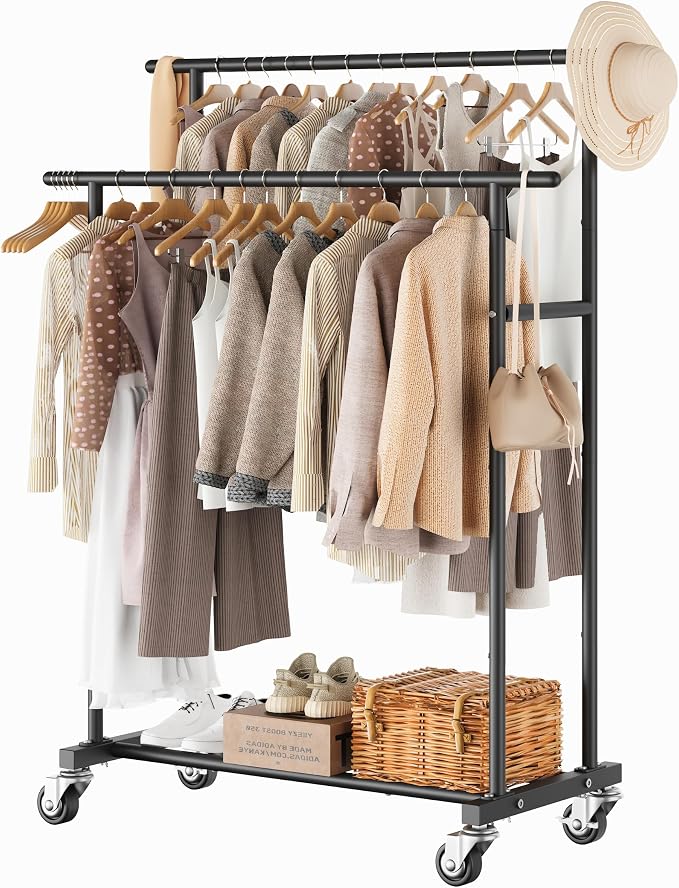 Calmootey Rolling Garment Rack with 2 Rods, Clothes Organizer for Bedroom | High-Low Rods, Two Lockable Wheels, Sturdy Metal Frame, Space-Saving, Fits Laundry, Living Room, Black