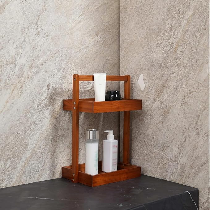 Utoplike Teak Wood Shower Caddy Corner, 2 Tier Bathroom Organizer Countertop, Standing Shower Rack with Handle, Stand Up Shower Basket for Shampoo, Shelf Rack for Inside Shower, Kitchen Desktop | Solid Shower Organizer with Handle, Stand Up Shower Bask...