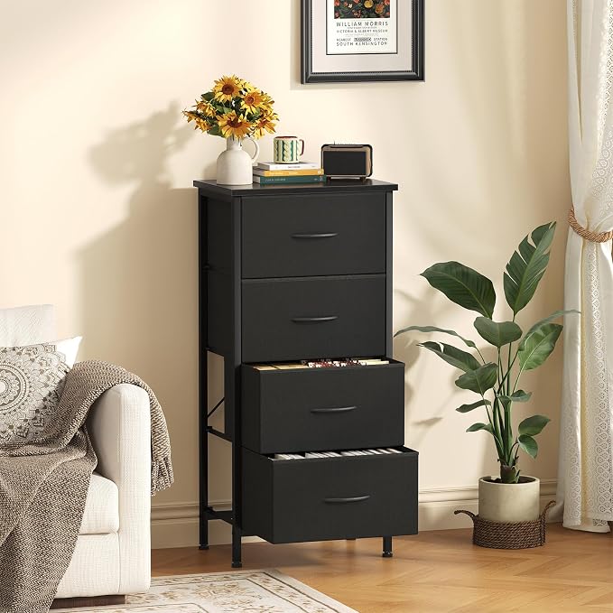 Sweetcrispy Dresser for Bedroom, 4 Drawer Storage Cabinet, Tall Nightstand | Small Fabric Black Dresser for Closet, Chest of Drawers, Closet Organizer, Home Furniture, Sturdy Frame