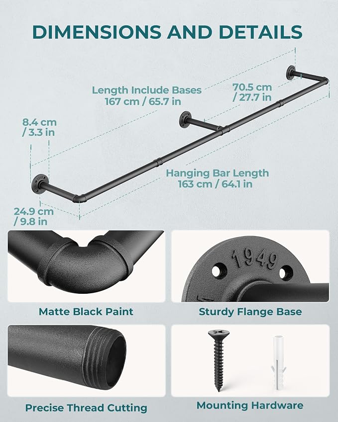 OROPY 65.7" Heavy Duty Industrial Pipe Clothes Rack for Hanging Clothes | Wall Mounted Clothes Bar, Space Saving Iron Garment Rack, Multi-Purpose Hanging Rod for Bedroom, Closet, Black, 3 Base