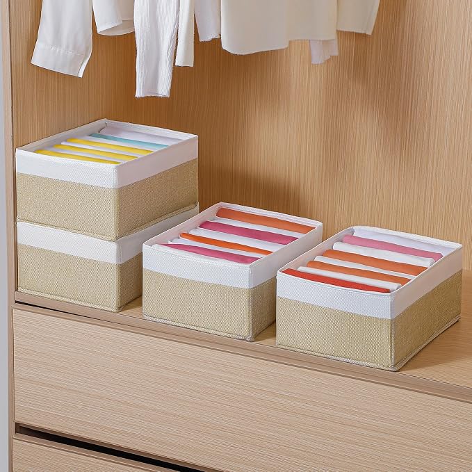 4 Packs T-shirt Drawer Organizers for Clothing,8 Grids Compartment Wardrobe Storage Box, Washable Clothes Organizer for Folded Clothes, Legging, Silk Scarve-12.59''x9.05''x5.9-BeigeWhite