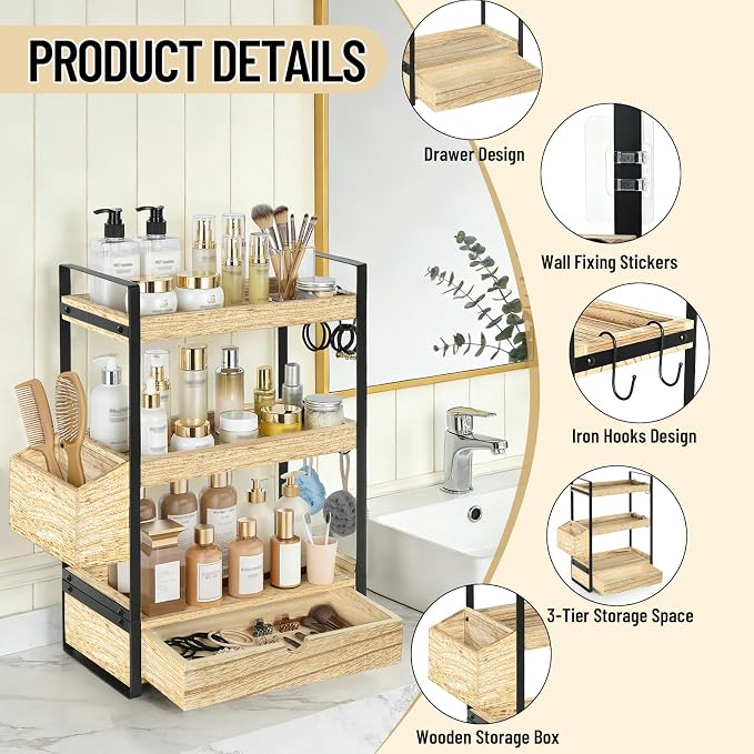 3-Tier Bathroom Counter Organizer with Drawer Basket and Hooks, Wood Bathroom Organizers and Storage for Countertop, Farmhouse Brown Countertop Organizer, Counter Shelf for Vanity, Kitchen,Office