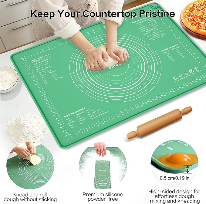 Extra Large Food Grade Platinum Silicone Pastry Mat 28 x 20, Non-Slip Non-Stick Baking Mat for Rolling Dough with 5mm Raised Edge, Measurements & Baking Guide for Bread, Pizza, Pie & Sourdough