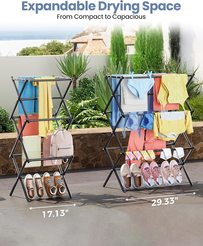 APEXCHASER Oversize 3-Tier Clothes Drying Rack, No Install, Black | Expandable Design, Non-slip feet, Tool-free Setup, Rust Prevention, Sturdy Construction, 14.9" D x 29.3" W, Holds 24lbs