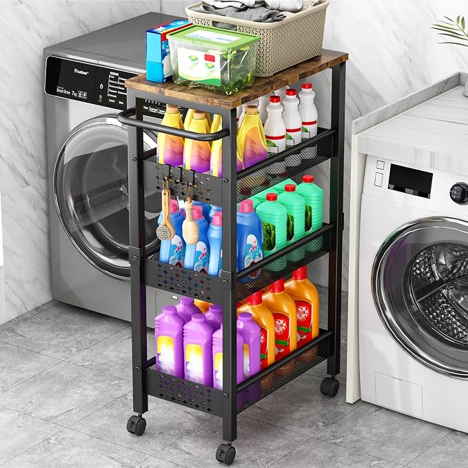 Vivihomety 4-Tier Laundry Utility Rolling Cart with Wheels, Kitchen & Bath | Narrow 8.1" wide, lockable wheels, wood top panel, metal frame, for laundry room, small spaces, pantry, tight gaps, Black