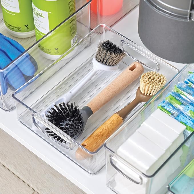 iDesign Plastic Stackable Pantry Bin, Set of 2, Clear | Organizer Bin with Handles, For Cabinets or Fridge