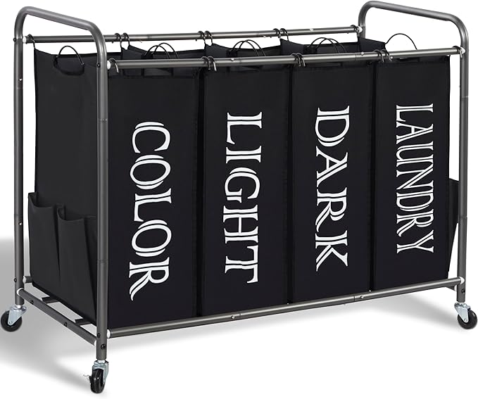 STORAGE MANIAC Laundry Sorter 4 Section, 47.5 Gal (180 L) Laundry Hamper with Wheels, Clothes Divider Basket Sorter, Separator Hamper Cart with Removable Bags, Label Black
