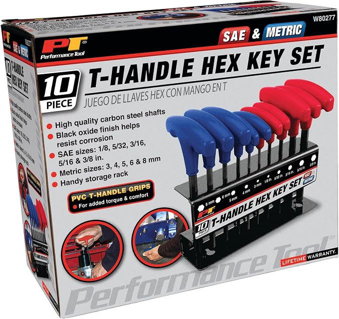 Performance Tool W80277 10-Piece SAE and Metric T-Handle Hex Key Set | Long arm Allen wrench set. High visibility PVC handles. Heat treated alloy steel. Includes wall mount storage tray
