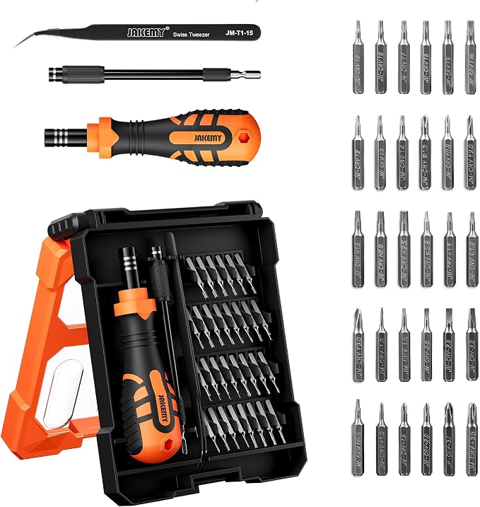 JAKEMY Portable Precision Screwdriver Set, 33 In 1 Mini Manual Screwdriver Set Include 30 Magnetic Screwdriver Bits, ESD Tweezer and Flexible Shaft for Computer, Phone, Watch, Eyeglass, PS5