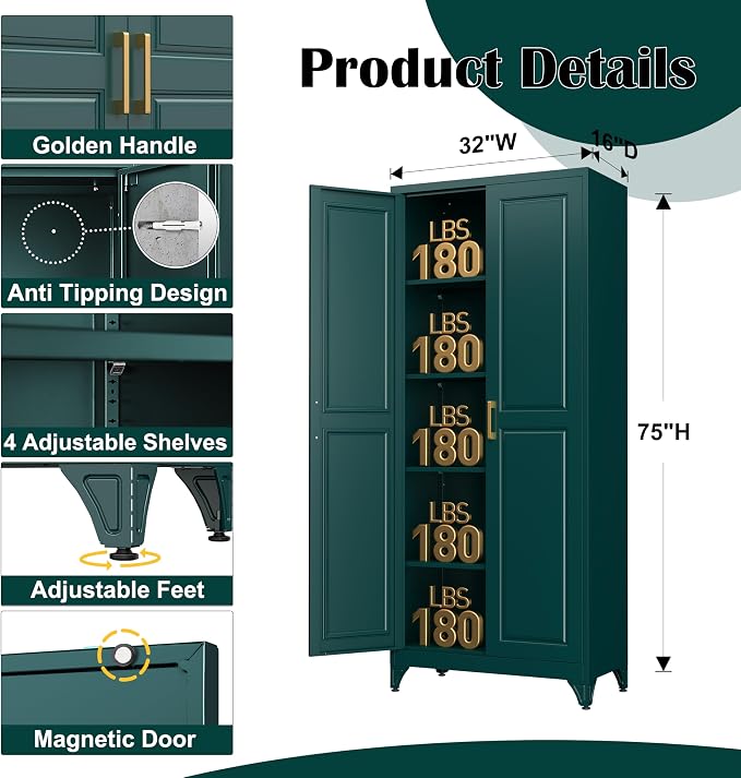 SteeLoong Kitchen Pantry Cabinet,75" Green Metal Storage Cabinets with Doors and 4 Adjustable Shelves,Kitchen Cabinet with 2 Gold Handles,Tall Cabinet for Livingroom,Pantry, Bathroom