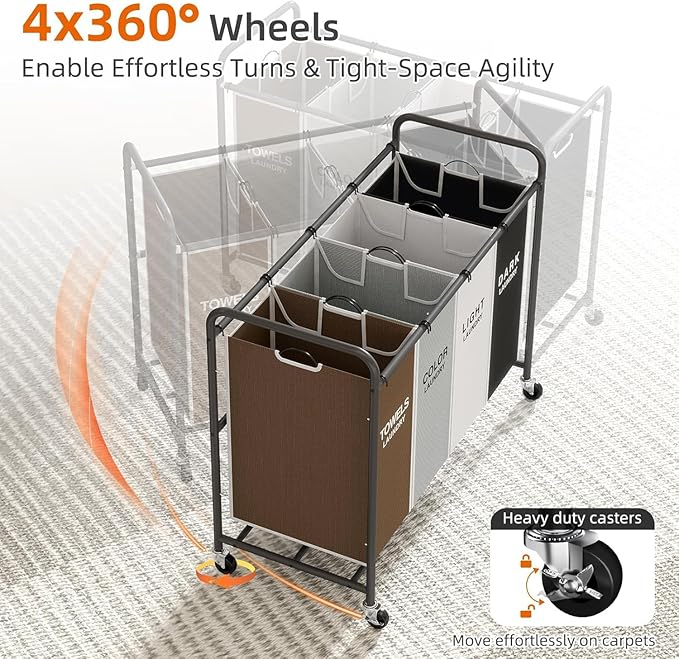 ROMOON Laundry Hamper Sorter Cart, 4-Section Organizer with Lockable Wheels | Heavy-Duty 180L Rolling Laundry Basket with Removable Bags for Dirty Clothes in Laundry Room or Small Spaces, Multicolor