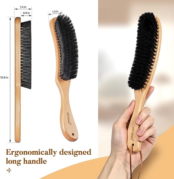 Clothes Brush, Boar Bristle Hat Brush Lint Brush for Suits, Cashmere, Wool, Velvet, Suede and Pet Hair, Large Beech Handle