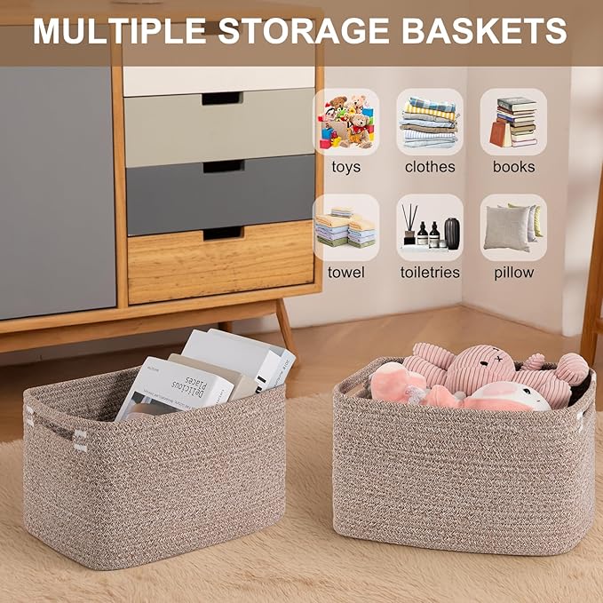 OIASKET Storage Baskets for Organizing, Woven Decorative Baskets for Shelves - Books, Towels, and Clothes, Cotton Rope Toy Storage Bins, 12.7''Lx9''Wx7.8''H, Pack of 4, Linen Brown