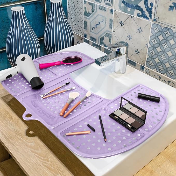 Sink Topper Bathroom Sink Cover for Counter Space, Large Lavender | Holds up to 7 lb on a steel frame; fits over basins 19-23 in; 480°F silicone; foldable makeup mat; countertop extender