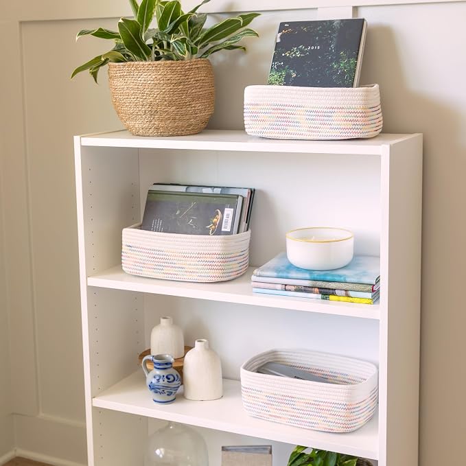 NaturalCozy 11.8"x8"x4.5” Rectangle Storage Baskets for Shelves 3 Pack | Cotton Rope Woven Small Baskets for Organizing | Small Storage Bins for Nursery, Bathroom, Closet, Shelf, Decorative, Gift