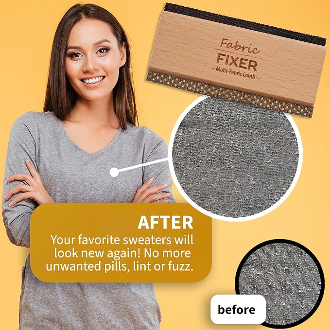 Multi-Fabric Sweater Comb with Natural Beech Wood Handle (Double Edge Design) Manual Fabric Defuzzer Wool Lint Shaver Comb Scraper for Clothing Pills, Furniture, Sheets and Fabrics