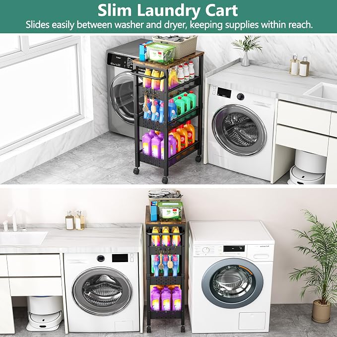 Vivihomety 4-Tier Laundry Utility Rolling Cart with Wheels, Kitchen & Bath | Narrow 8.1" wide, lockable wheels, wood top panel, metal frame, for laundry room, small spaces, pantry, tight gaps, Black