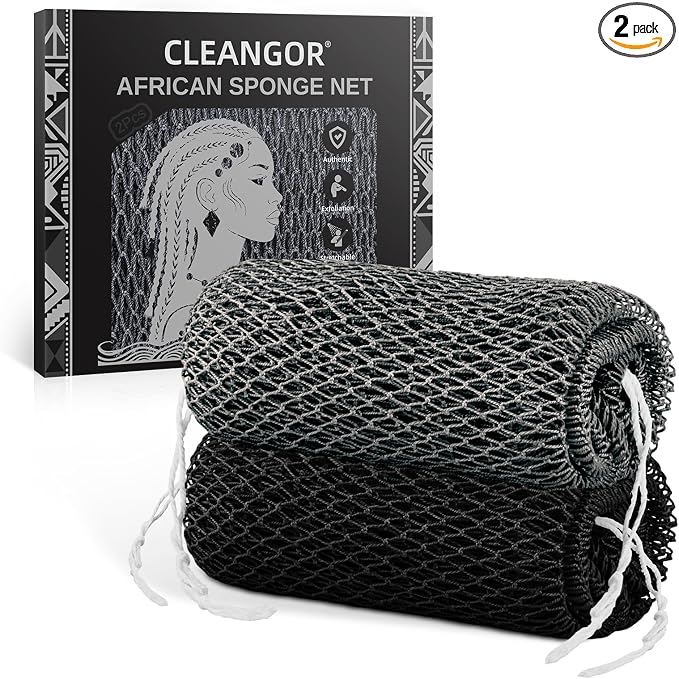 Cleangor 2Pcs African Net Sponge Authentic with Knots - Exfoliating Body | Scrubber for All Skin Types, African Bath Sponge, Wash Cloth, Gentle Exfoliation Shower Rag for Women Daily Use