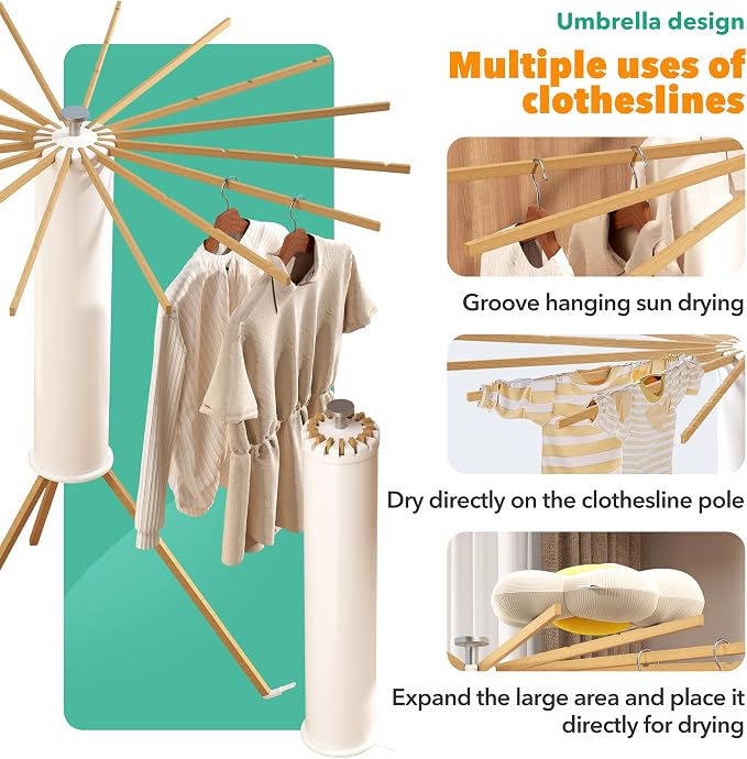 Heavy-Duty Wooden Tripod Clothes Drying Rack, 16 Rods, Large Capacity, 360° Airflow Umbrella Dryer, Foldable Space-Saving Floor Stand for Indoor Outdoor Use