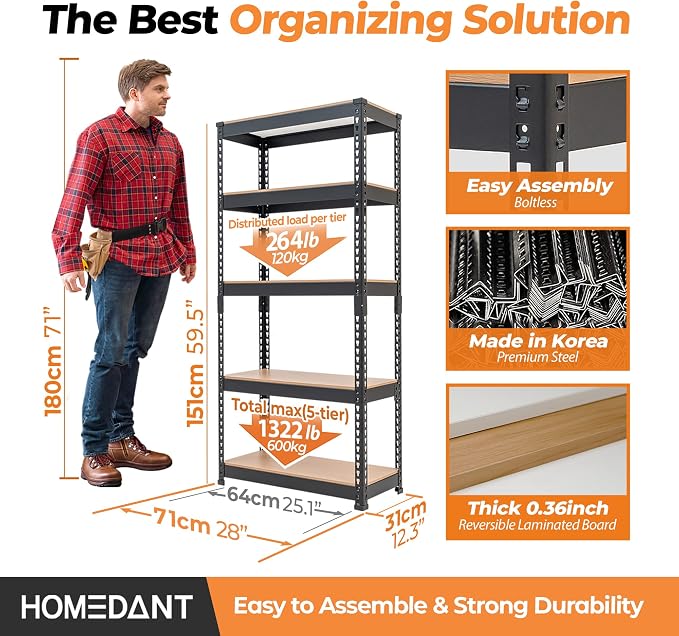 HOMEDANT 28" W 5 Tier Heavy Duty Garage Shelving Adjustable Metal Rack Storage Shelves Standing Shelf Unit Organizers Pantry Closet Black 2Pack