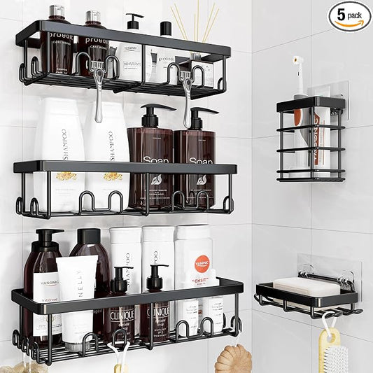 YASONIC Shower Caddy Adhesive, 100% Rustproof Shower Organizer with Soap and Toothbrush Holder, Large Capacity Shower Shelves for Inside Shower, No Drill Shower Storage for Home (5 Pack Black)