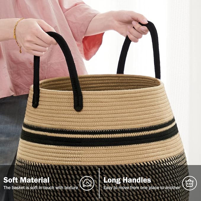 Large Laundry Hamper Basket 65L Woven Blanket Basket, Brown & Black | Tall Clothes Hamper, Rope Wicker Laundry Basket, Storage Basket for Toys, Dirty Cothes in Bedroom, Living Room Organizer