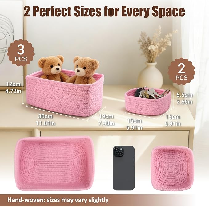 5-Pack Small Woven Rope Storage Baskets – 2 Sizes Organizer Bins for Closet, Shelf, Bookshelf, Nursery, Changing Table, Fabric Cube Boxes, Rectangular Shallow Bins for Bathroom, Toy & Home