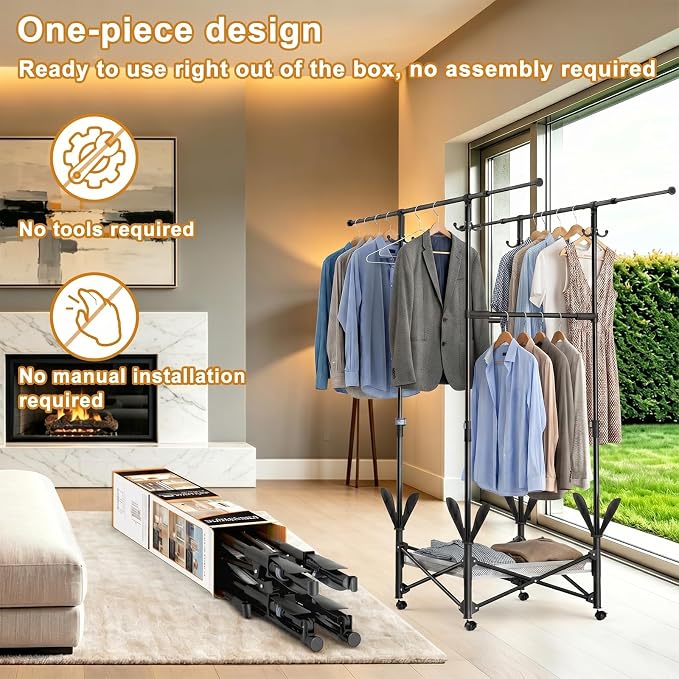 Portable Foldable Clothes Drying Rack - Adjustable Double Extendable Rods (33.1” to 56.7”) -Portable Coat Rack for Travel, Camping, Drying, RV, Indoor, Outdoor, Easy Assemble (Black)