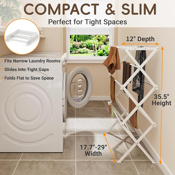 Foldable Clothes Drying Rack, Reinforced Joints, White | 35 lbs load, rustproof carbon steel, adjusts 17.7"-29"W, indoor & outdoor, tool-free
