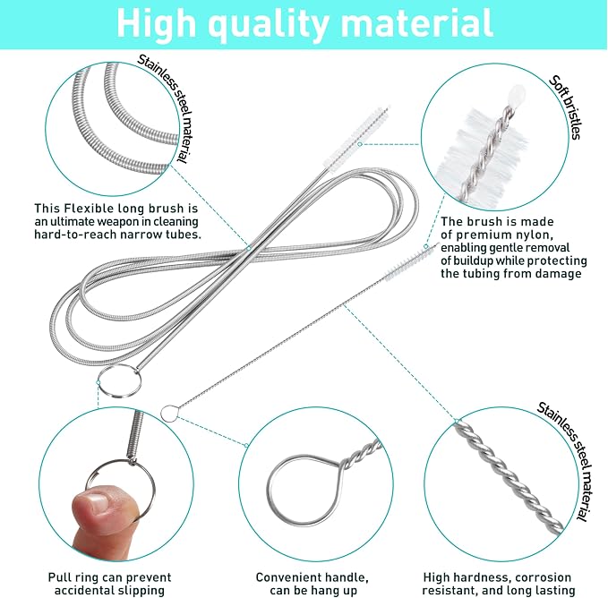 2 Pack 61 inch Long Flexible Drain Cleaning Brush and 2 PCS 7-inch Straw Brush, Suitable for Cleaning Feeding Tubes