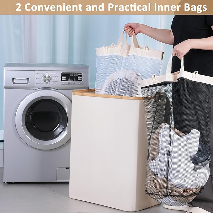 iEGrow 150L Laundry Basket with Lid,Large Laundry Hamper with Bamboo Handle,Foldable Dirty Clothes Hamper Organizer with 2 Removable Inner Bags for Clothes Towels - Beige